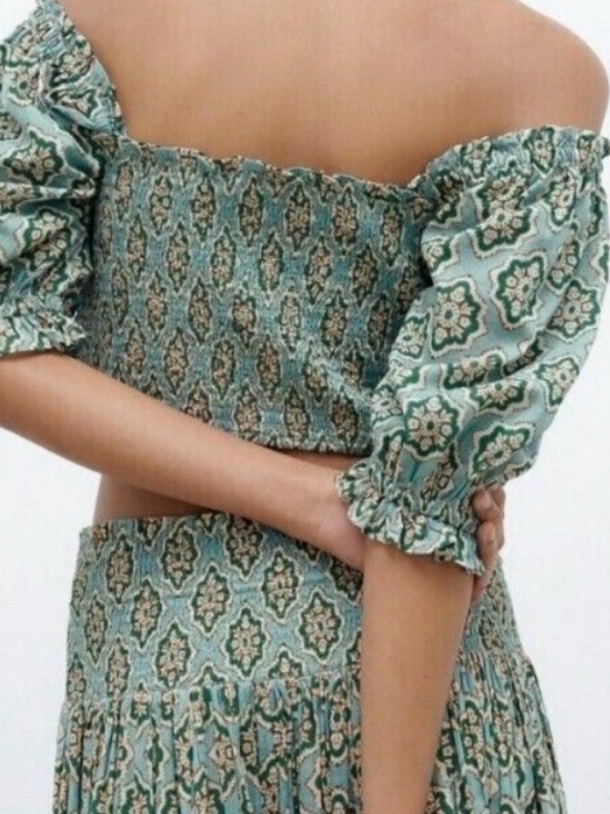 Zara Teal And Cream Patterned Smocked Top